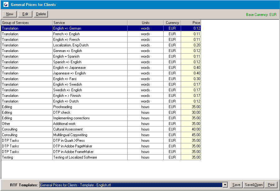 general prices for clients